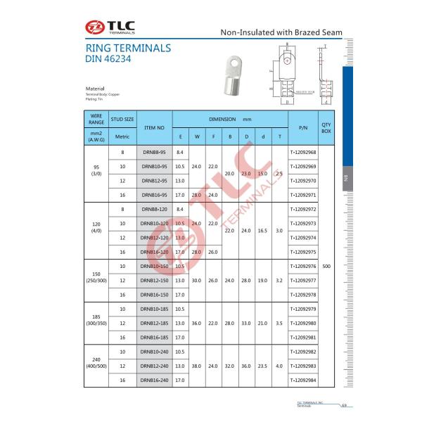 95-240mm2 Non Insulated Ring Terminals With Brazed Seam RoHS Compliant DIN 46234