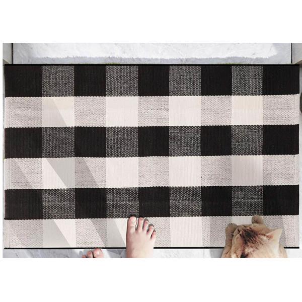 60*90 Cm Cotton And Linen Black And White Plaid Mat , Woven Outdoor Porch Mats
