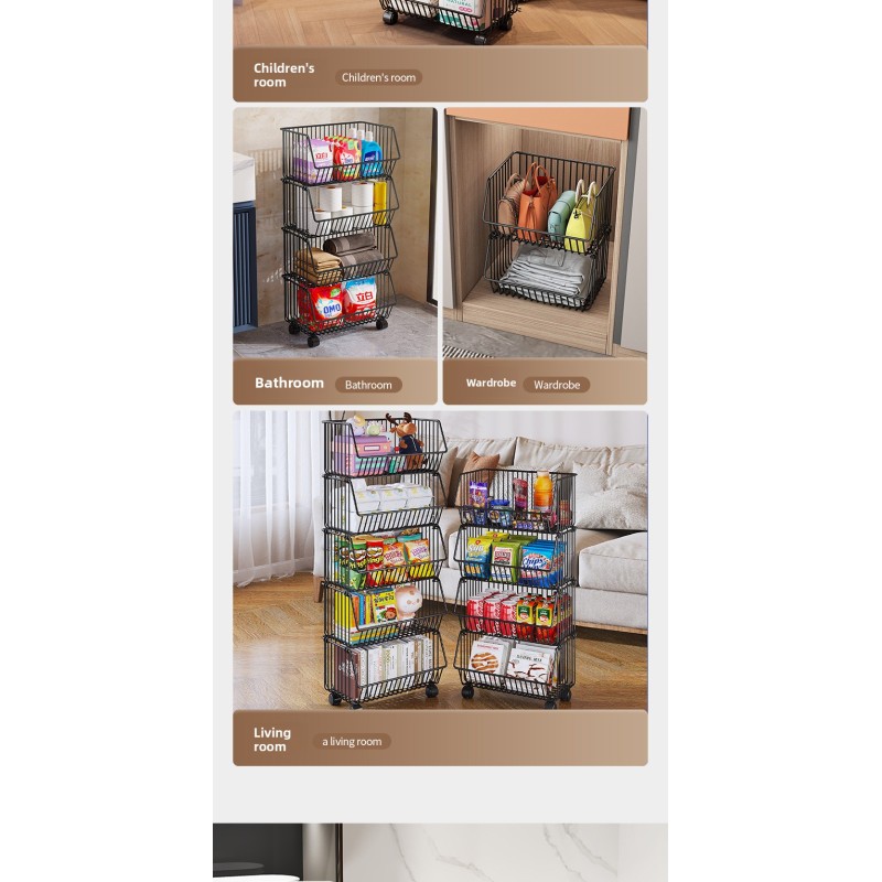 Custom Kitchen Storage Rack Organizer Shelf Metal Basket Kitchen Storage Cart with Wheels