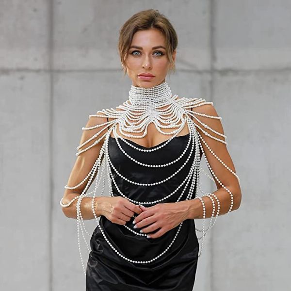 Women Pearl Body Chain Necklace Pearl Shoulder Chain Fashion Gorgeous Fadeless Pearl Jewelry