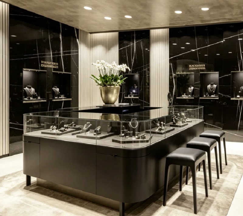 Custom Luxury Matte Black Jewelry Display Cabinet with Ultra-Clear Tempered Glass and Built-in LED Lighting for Jewelry Stores