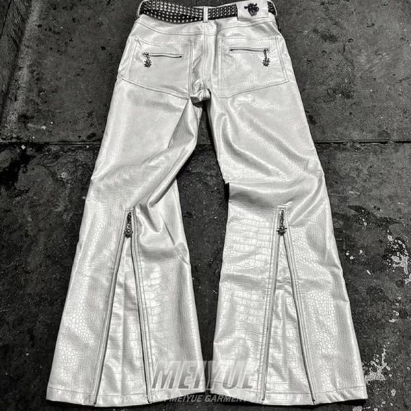 Pantalons en cuir sur mesure avec des jambes larges, des pantalons en poches, des hommes qui courent, des coureurs, des roulettes à fermeture à glissière, des vêtements de rue, des pantalons de sport avec fermeture à glissière.