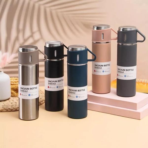 500ml Capacity Business Cup Stainless Steel Thermos Flasks Water Bottle With 3 Lids Pink