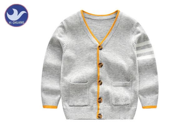 Stripes Knitted Baby Boy Gray Cardigan Sweater , Boys Button Cardigan With Pockets
