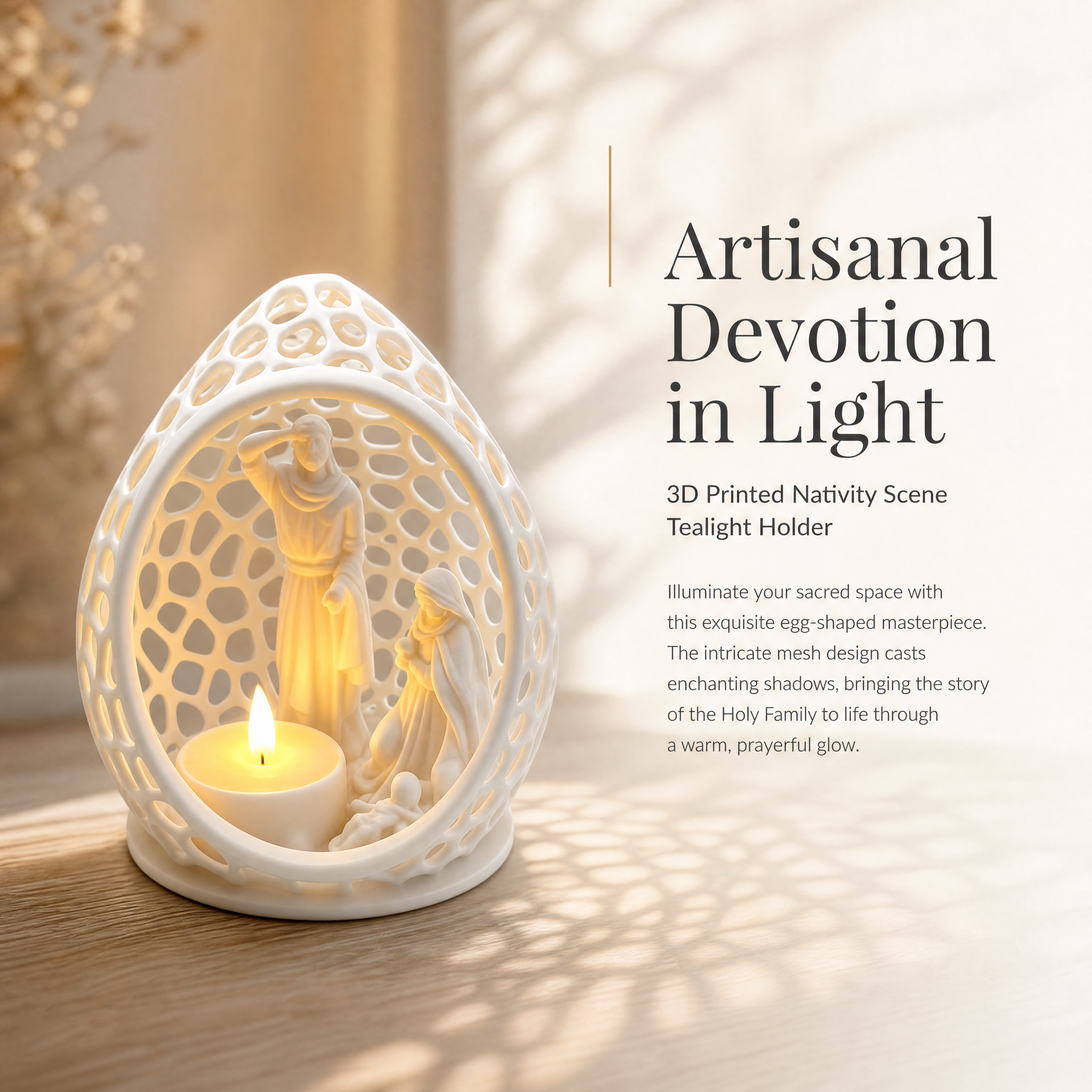 3D Printed Holiday Decoration‑Nativity Scene Tealight Holder, Hollow Egg‑Shaped Christmas Candle Holder
