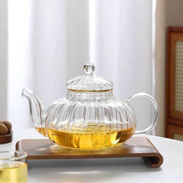 OEM 600ml 20oz Pumpkin Ribbed Glass Teapot Heat Resistant Coffee Pot Stovetop Safe