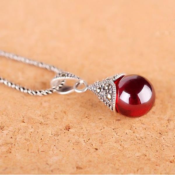 Antique Jewelry 925 Silver Garnet and Marcasite Pendant Necklace 18 Inches(N12032)