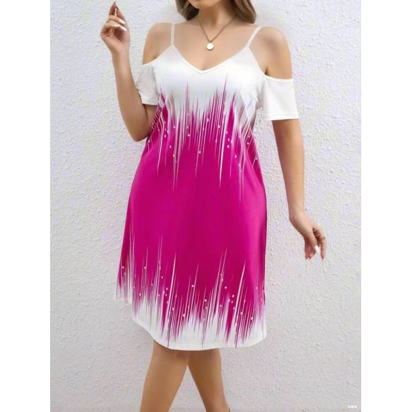 2026 Europe and America Summer and Autumn New Off-Shoulder Shimmer Print Design V-Neck Fashionable Elegant Plus-Size Slim Dress