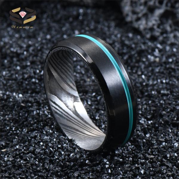 Anillo de Boda Negro de Tungsteno de Acero Damasco 8 mm con Línea Turquesa con Ranuras