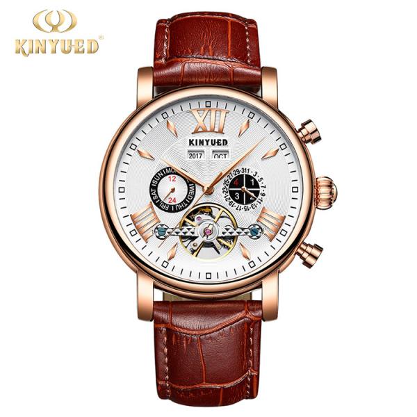 KINYUED oem waterproof custom logo leather  fashion tourbillon skeleton wrist watch luxury automatic watches