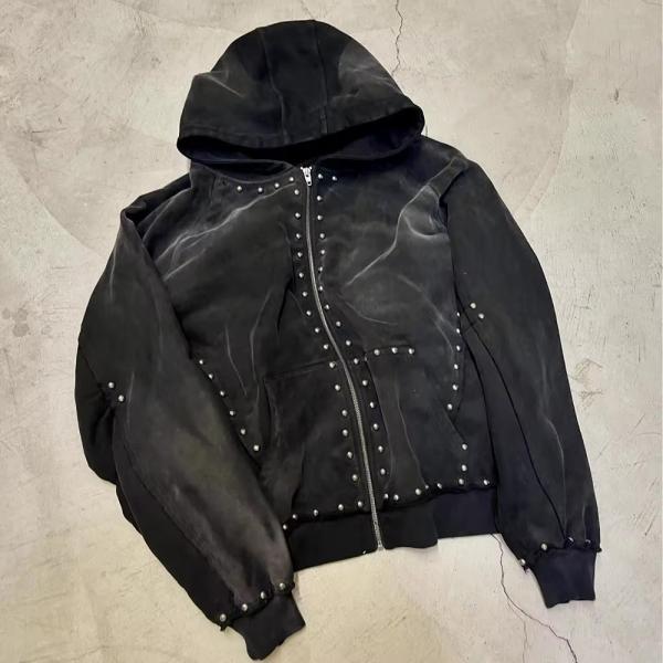 Custom 100% Cotton 500 gsm Rhinestone Bead Studded Heavyweight Stone Washed Sun Faded Zip Up Hoodie