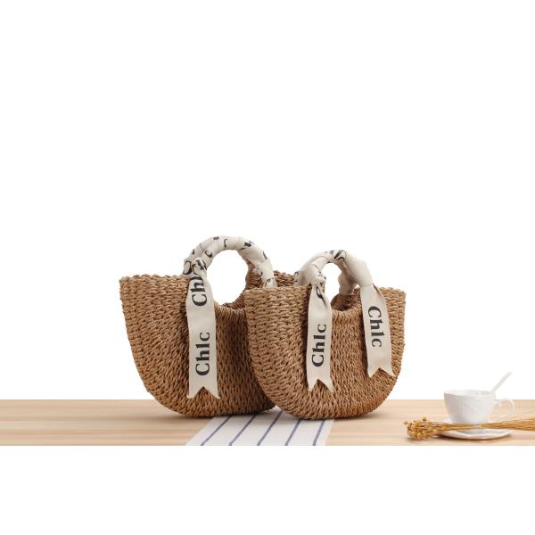 Custom Logo Accepted Silk Scarf Travel Holiday Bag with Portable Straw Woven Material