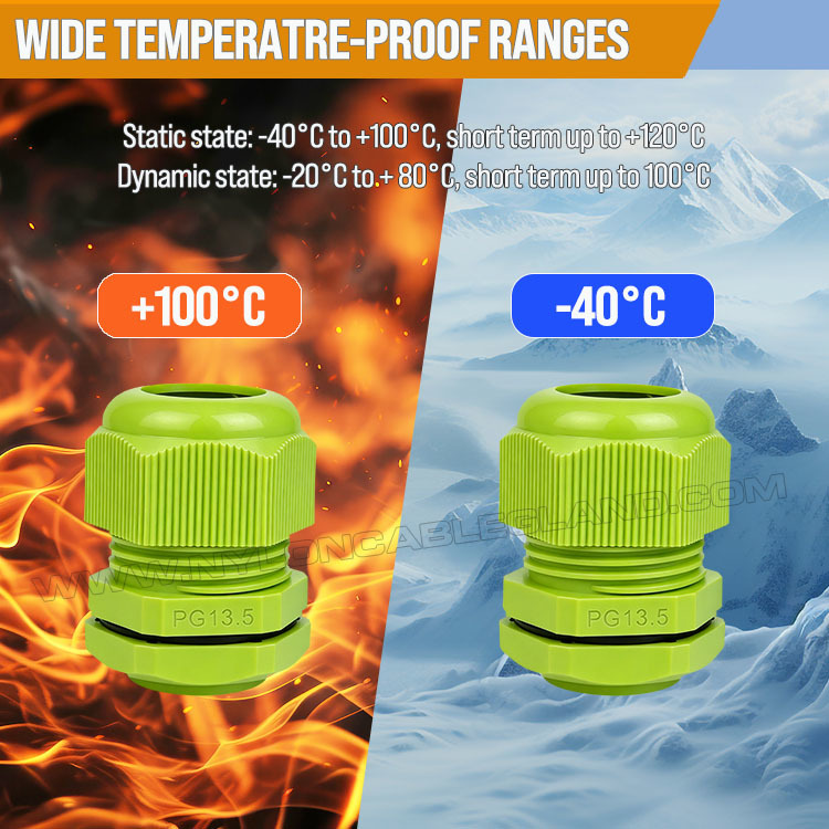 Temperature ranges of colorful plastic nylon polyamide waterproof cable gland connectors Colored Cable Glands, Nylon 6 (Polyamide 6, PA6), PG13.5 (6-12mm & 5-9mm), IP68/IP69K, for Visual Identification & Cable organization