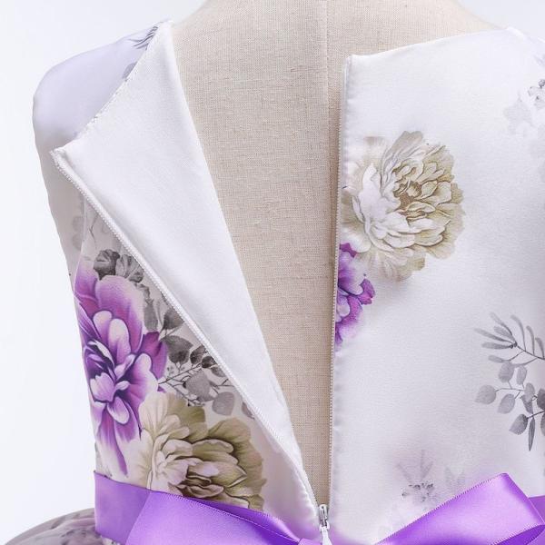 Hot Sale Toon Purple Girl Dress Bow Belt Printed Mesh Gown Princess Dress Tutu Dresses Invisible Zipper Disfraces Vestid
