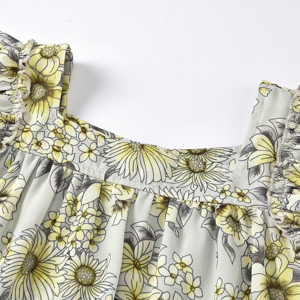 Напечатанная цветком верхняя часть Shrinkled + раздражанный вышитый карманом набор лета девушки дн