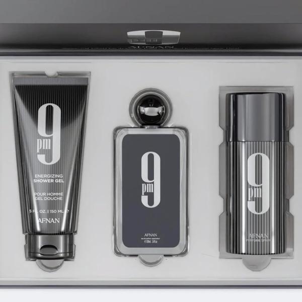 Afnan 9 Pm 3 Piece Set for Men, (3.4 Oz Eau De Parfum Spray + 5.0 Oz Shower Gel + 5.0 Oz Perfume Deodorant)