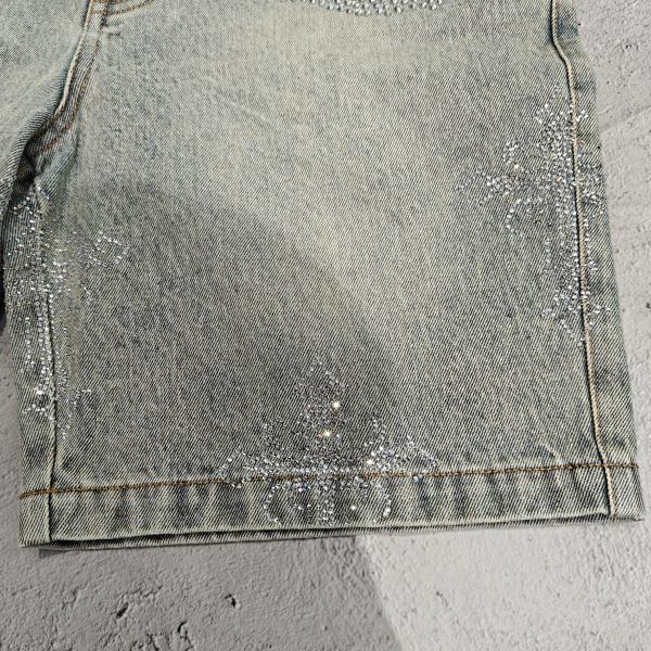 Custom Flared Knee Jeans Shorts Y2k Streetwear Embroidery Printed Vintage Double Waist Baggy Vintage Denim Jorts Men