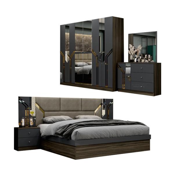 Venta al por mayor Barato Cuadro de madera de lujo Cama doble de tamaño King Modern Home Turco Madera MDF conjunto de dormitorio completo Muebles