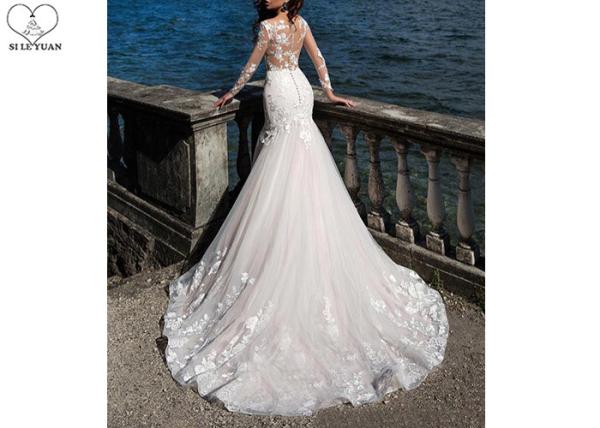 Unique White Long Sleeve Lace Bridal Gowns Perspective Waist Back Long Fishtail