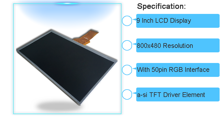 9 Inch backlight TFT LCD Color Display 800x480 WVGA Panel With 50 Pin 24 BIT RGB Interface