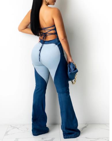 Комбинезон джинсовой ткани блока цвета женщин изготовителя одежды небольшого количества цельный Backless с передней молнией