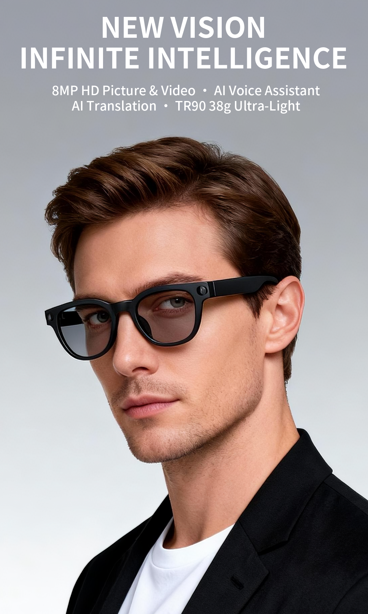 2026 AI Smart Glasses Real-Time Translation 1080P Video Capture PC+ABS Material Ultra Light Magnetic Charging IP67 Waterproof