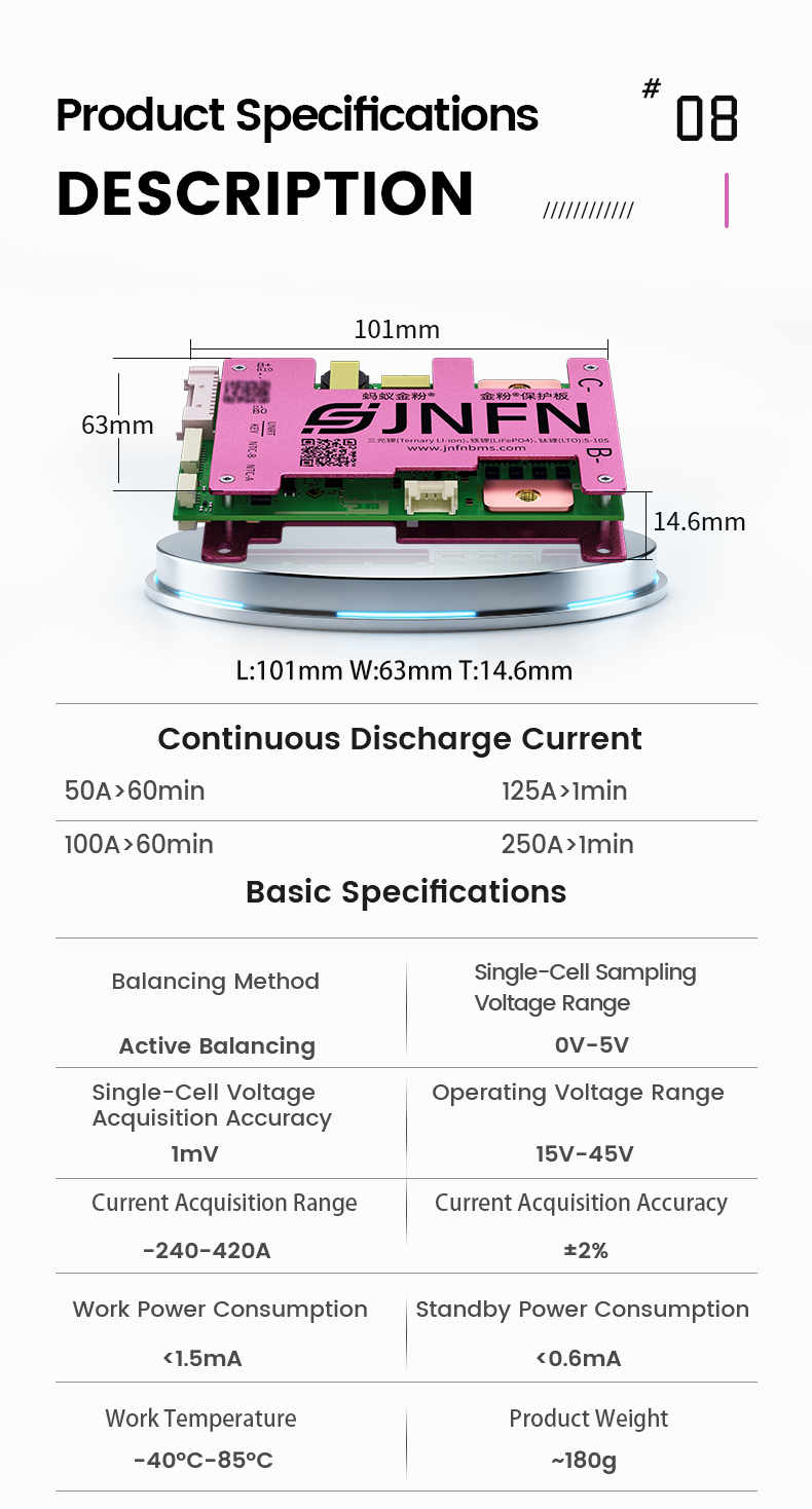 1A Active Balance Smart BMS 5S-10S 24V 36V 50A 100A LifePO4 Li-ion Battery Pack with RS485 Bluetooth JNFN ANT BMS