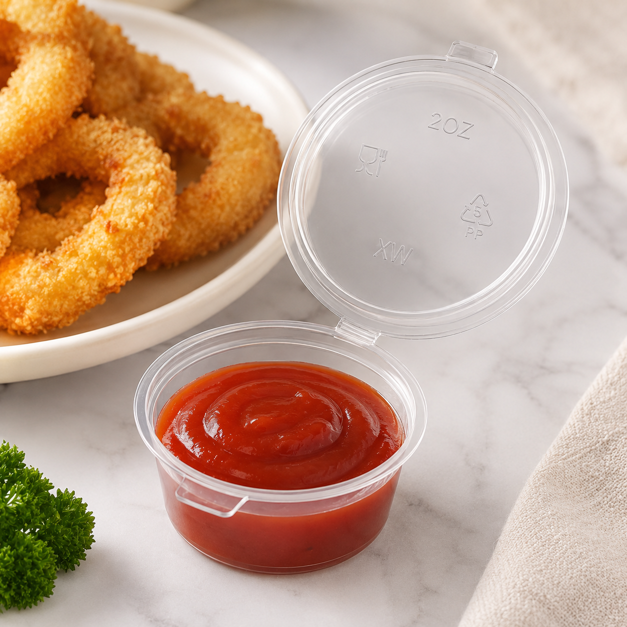 50ml Extra Wide Clear PP Sauce Cup Hinged for Sharing Dips Sides Takeaway