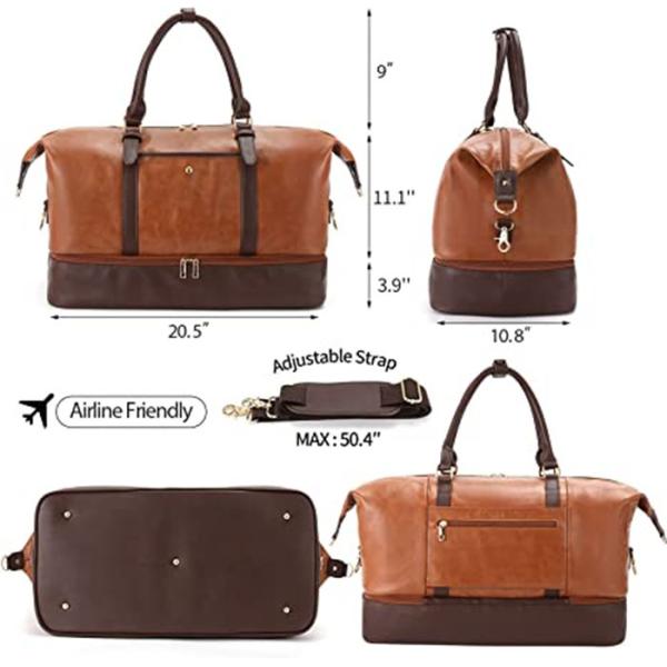 Bolsa de fin de semana de cuero de PU, bolsas de viaje con zapatos y compartimento de portátil