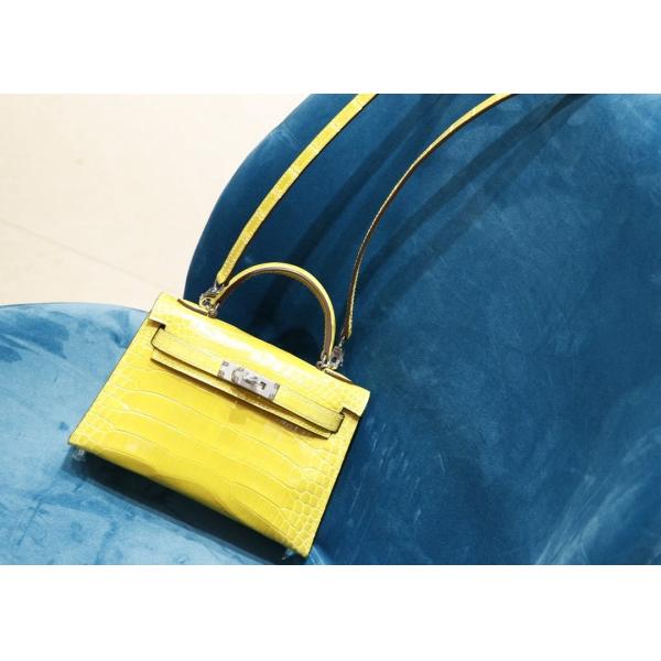 Womens Handhold Yellow 22cm Crocodile Skin Bag With Square Shape