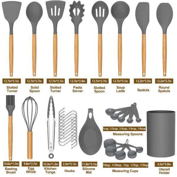 Stocked Silicone Kitchenware Cookware Sets With Wooden Handle Heat Resistant for OEM/ODM