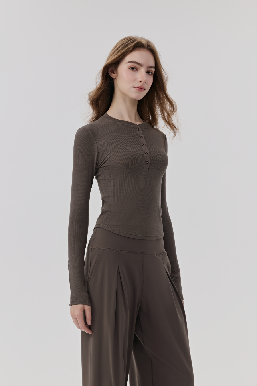 Women's Ribbed Long Sleeve Henley Top in Mocha Brown, Slim Fit Casual Yoga Wear