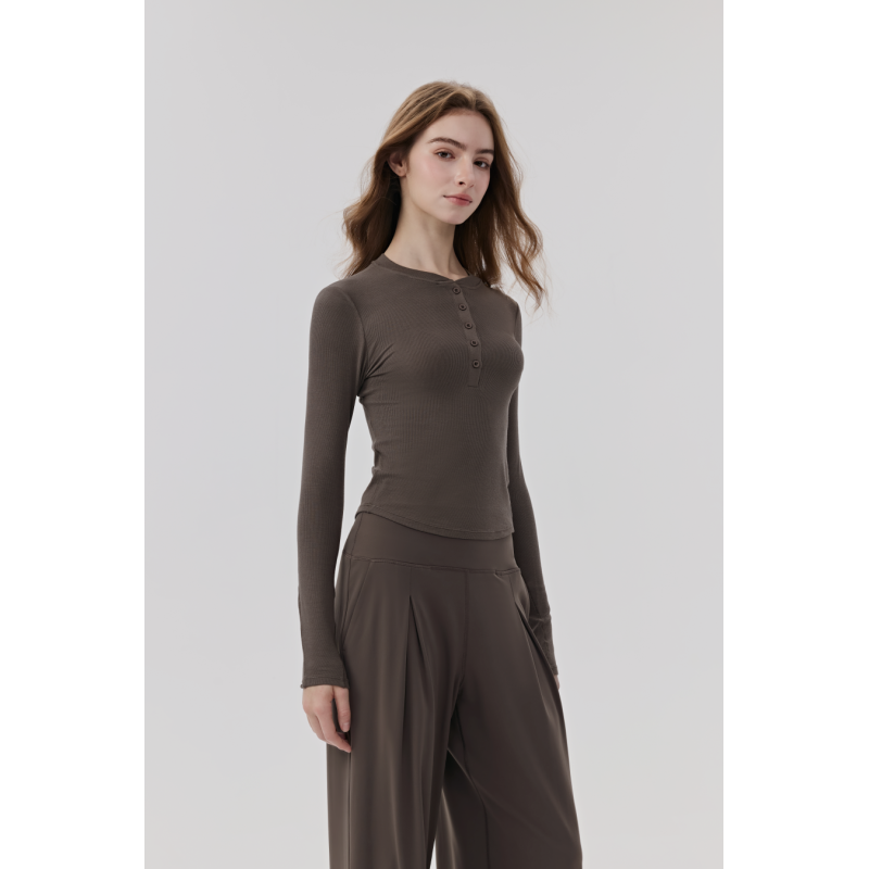 Women's Ribbed Long Sleeve Henley Top in Mocha Brown, Slim Fit Casual Yoga Wear with Button Placket