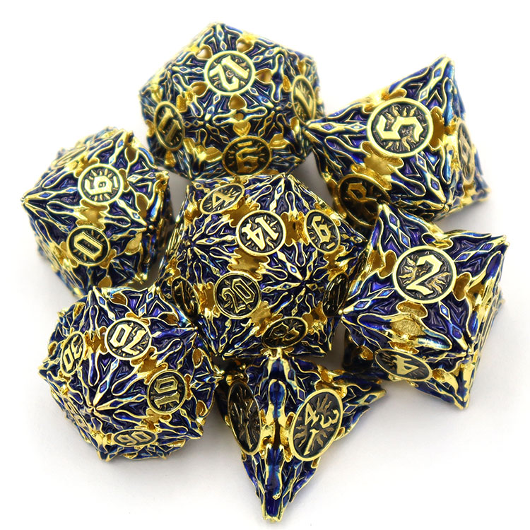 Custom Brass Hollow Dice Set with Polyhedral Design and Personalized Logo for DND Games