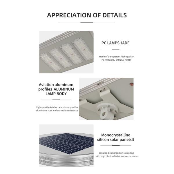 All In One Solar Street Courtyard Light Manufacturer Round Corner 3 Heads 150W 715x350x60mm