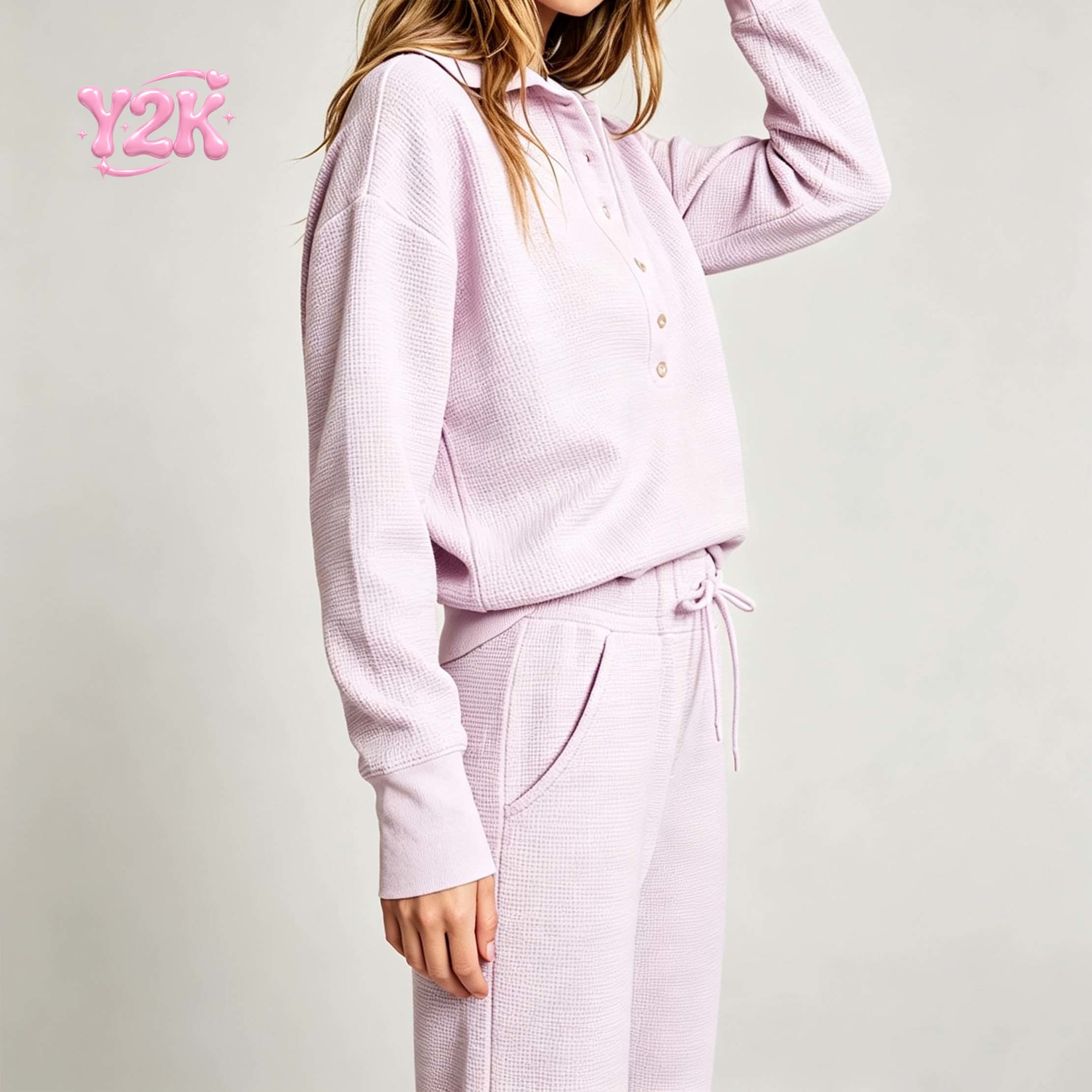 Custom Women's Waffle Knit Polo Top Jogger Pants Lounge Set