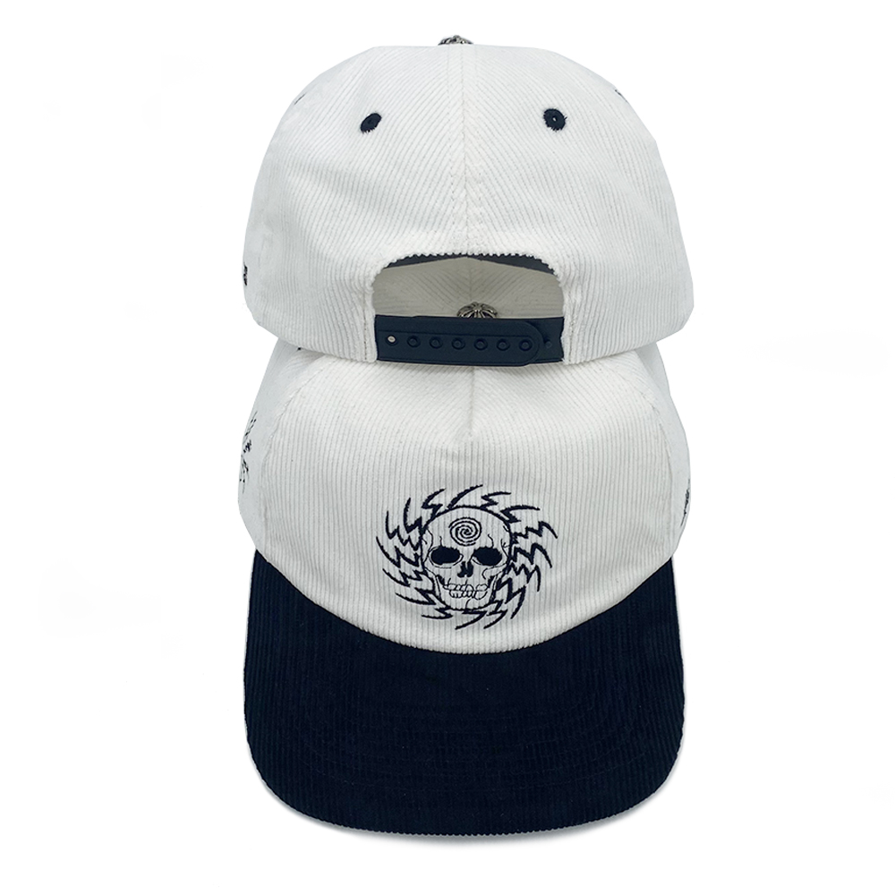 5 Panel Corduroy Unstructured Snapback Caps Custom Embroidery Flat Brim Metal Button