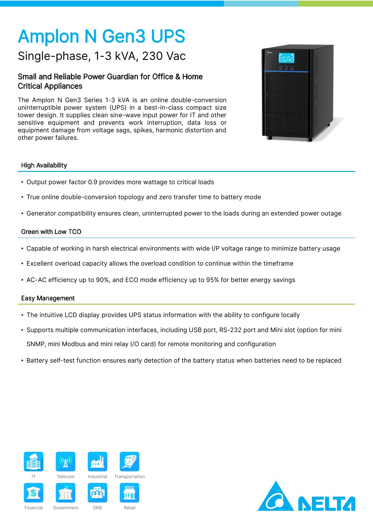 Delta Amplon N Gen3 Series 1-3KVA Single-phase On-line Double-conversion UPS with LCD Display for Networking