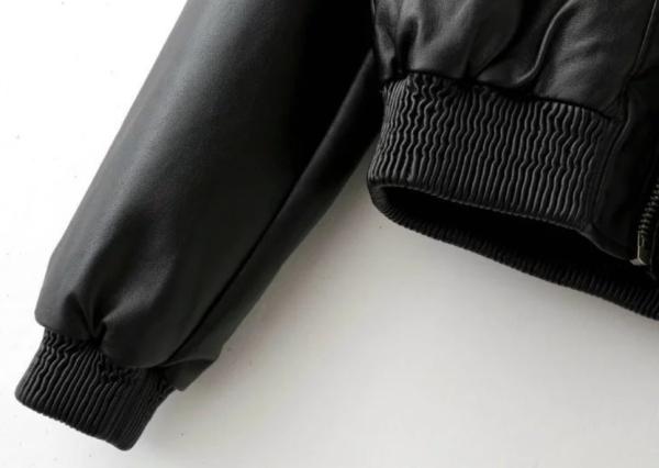 Ladies PU Leather Down Jacket , Zipper Short Warm Black Leather Bomber Jacket