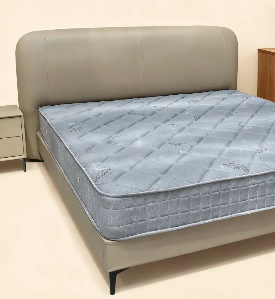 Light Brown Minimalist Leather Bed with Smooth Curved Headboard