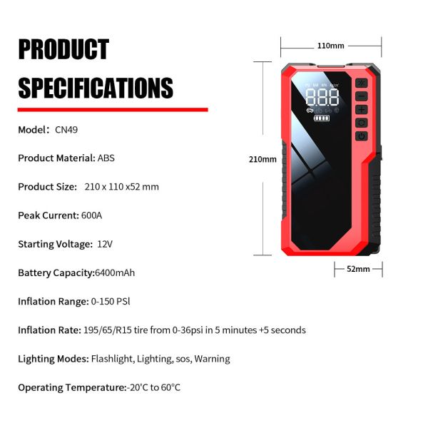 Multi Function Portable Battery Jump Starter 6400mAh 8000mAh 12V Emergency Jump Starter With Air Compressor