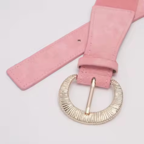 Classic Retro Pink Suede Belt with Alloy Buckle Dress Waistband Adjustable Elastic Flexible Woven Fashion Women
