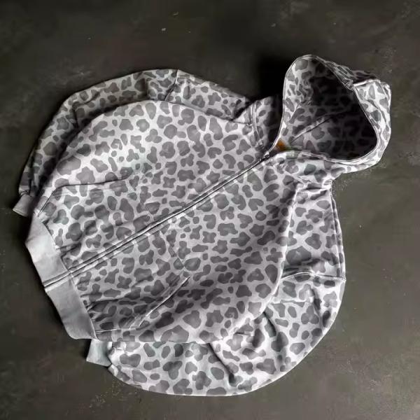 Custom Design Zipper Plus Size Boxy Cropped Leopard Print Zip up Vintage Cotton Terry Acid Wash Streetwear Hoodies for Men