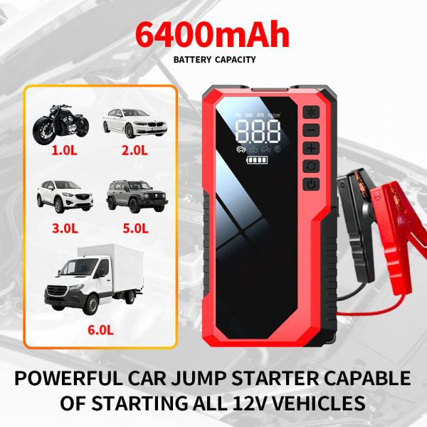 Multi Function Portable Battery Jump Starter 6400mAh 8000mAh 12V Emergency Jump Starter With Air Compressor