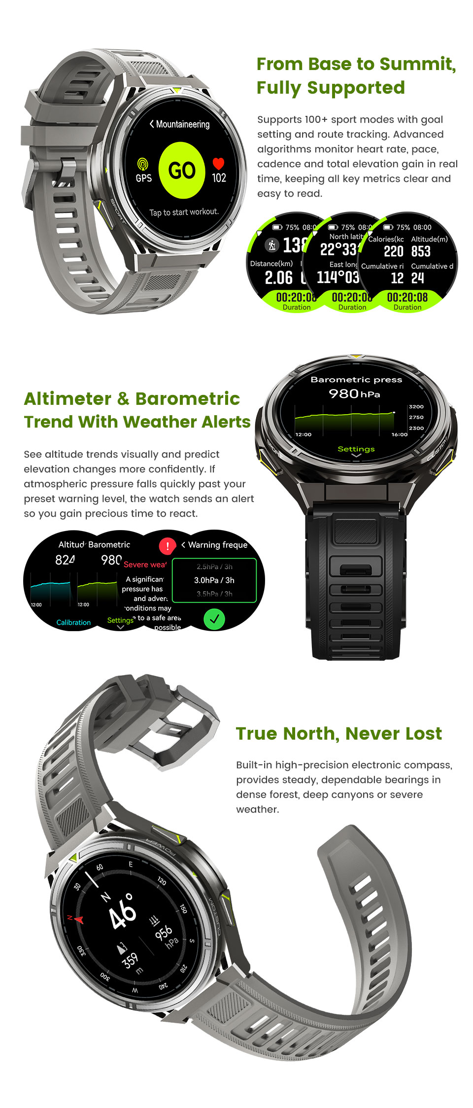 SHUANXIANG Smart Watch X2 PRO 5 ATM Waterproof HD AMOLED Display Barometer Altimeter Compass Heart Rate Monitor 100+ Fitness