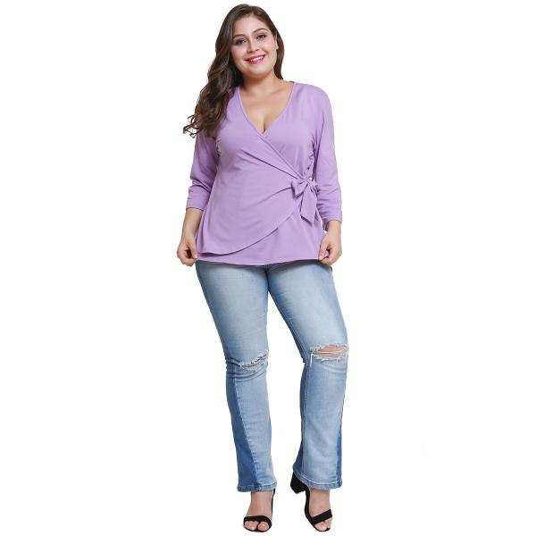 Custom Made V Neck Plus Size Ladies Shirts Long Sleeve Ruffles Decoration
