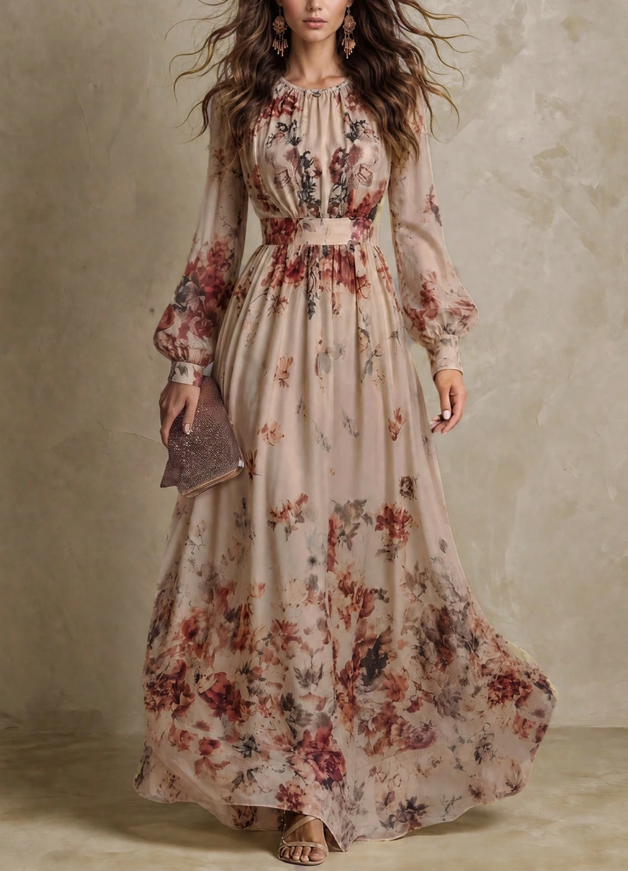 Vintage Retro Floral Print Waist-Cinching Slimming A-Line Dress with Soft Comfortable Fabric