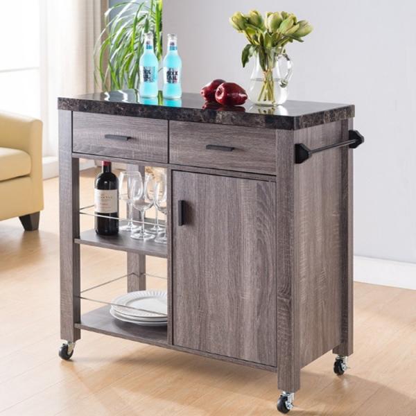 OEM Wood Rolling Kitchen Island On Wheels 360° Rotating With Double Drawers