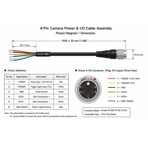 HR10A_7P_6S-L1.5M High-Flex Hirose 6-Pin 6-Core Camera Power &Trigger I/O Cable