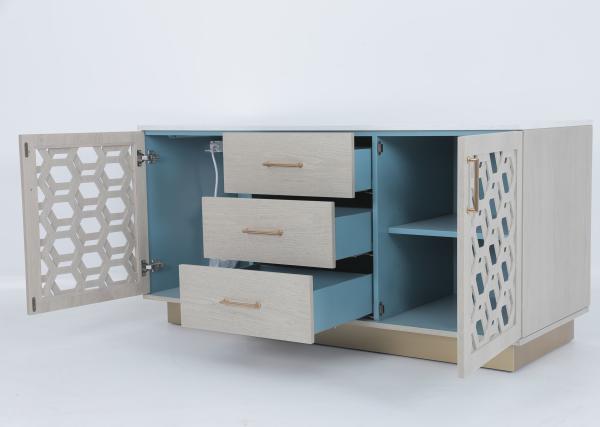 Luxury Custom Cmade Oak Wood Blue Painted Finish Inside Dresser With Brass Metal Legs